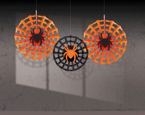 Lot de 3 éventails décoratifs en toile d'araignée à suspendre - Halloween